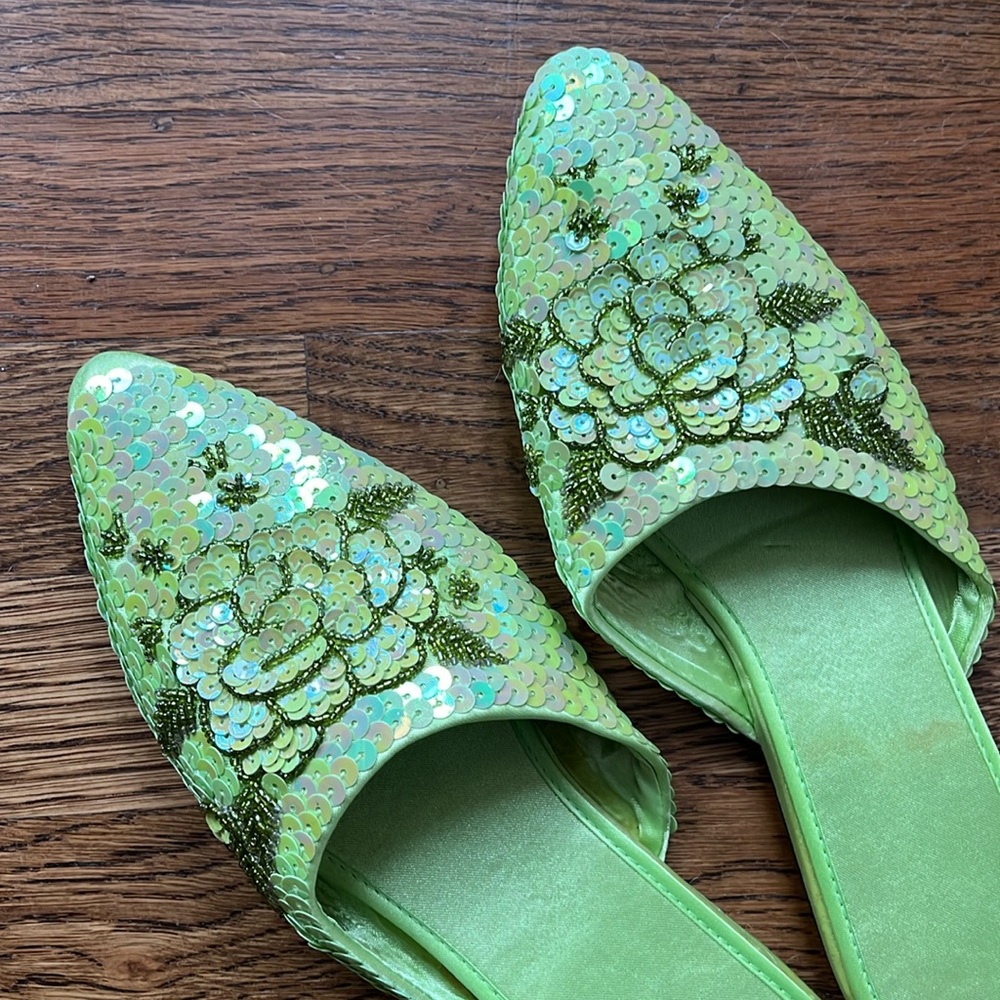 Slippers: Lime Green Sequin / Beaded Women's Mules and free tutu included! - Picture 2 of 7